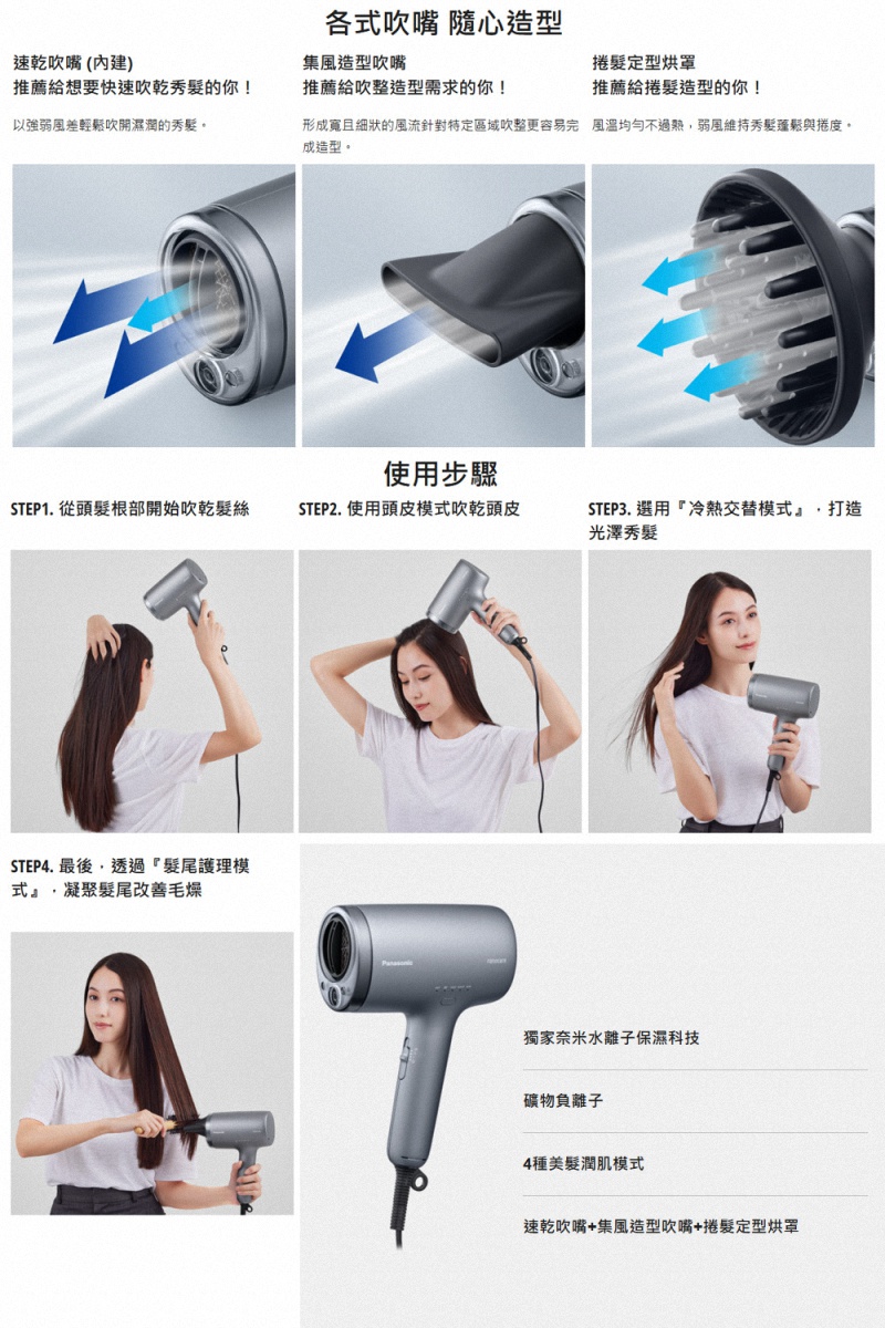 形成寬且細狀的風流針對特定區域吹整更容易完 風溫均勻不過熱,弱風維持秀髮蓬鬆與捲度。