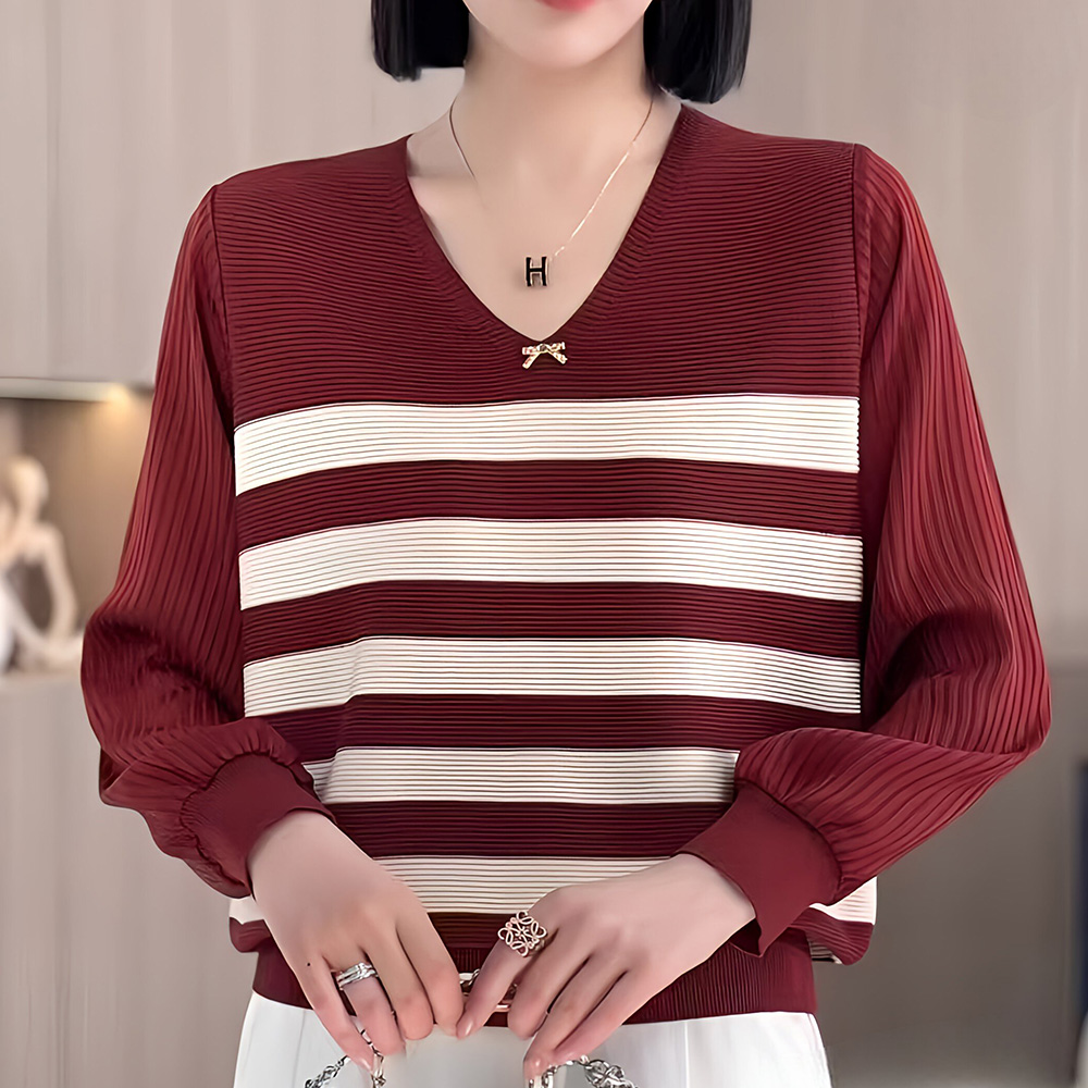 chai yan 采妍 橫條V領綴飾針織紗袖上衣(秋冬新款上