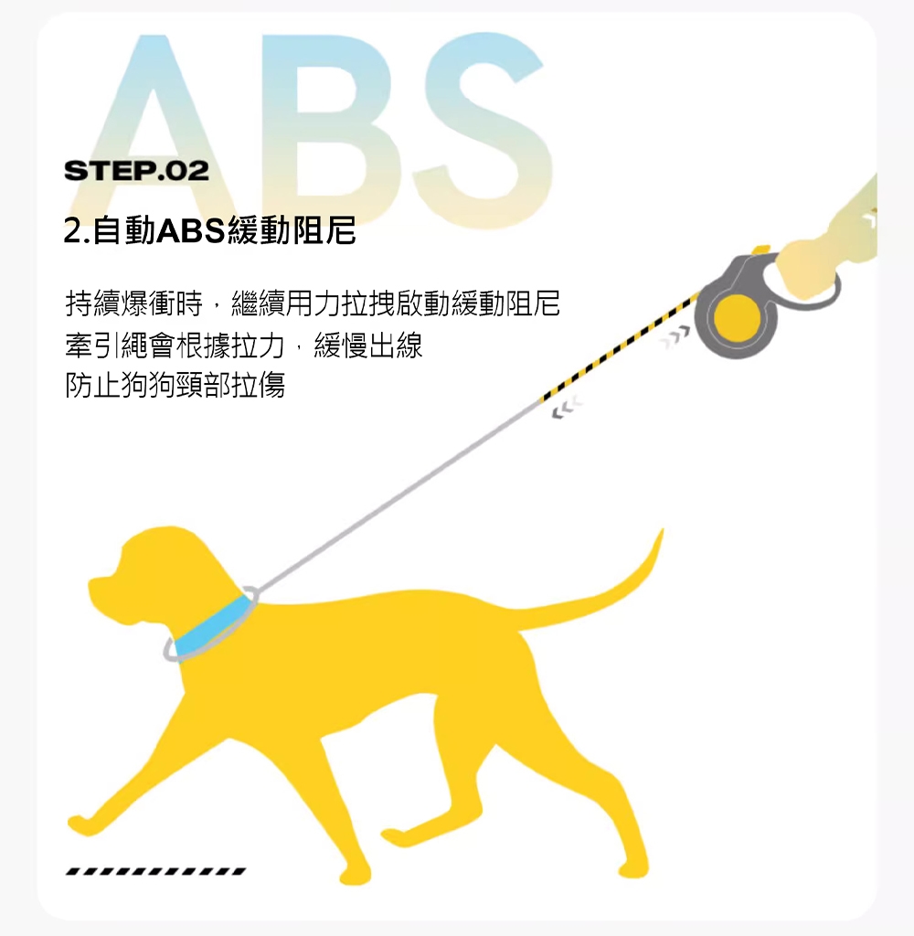 2.自動ABS緩動阻尼 持續爆衝時,繼續用力拉拽啟動緩動阻尼 牽引繩會根據拉力,緩慢出線 防止狗狗頸部拉傷