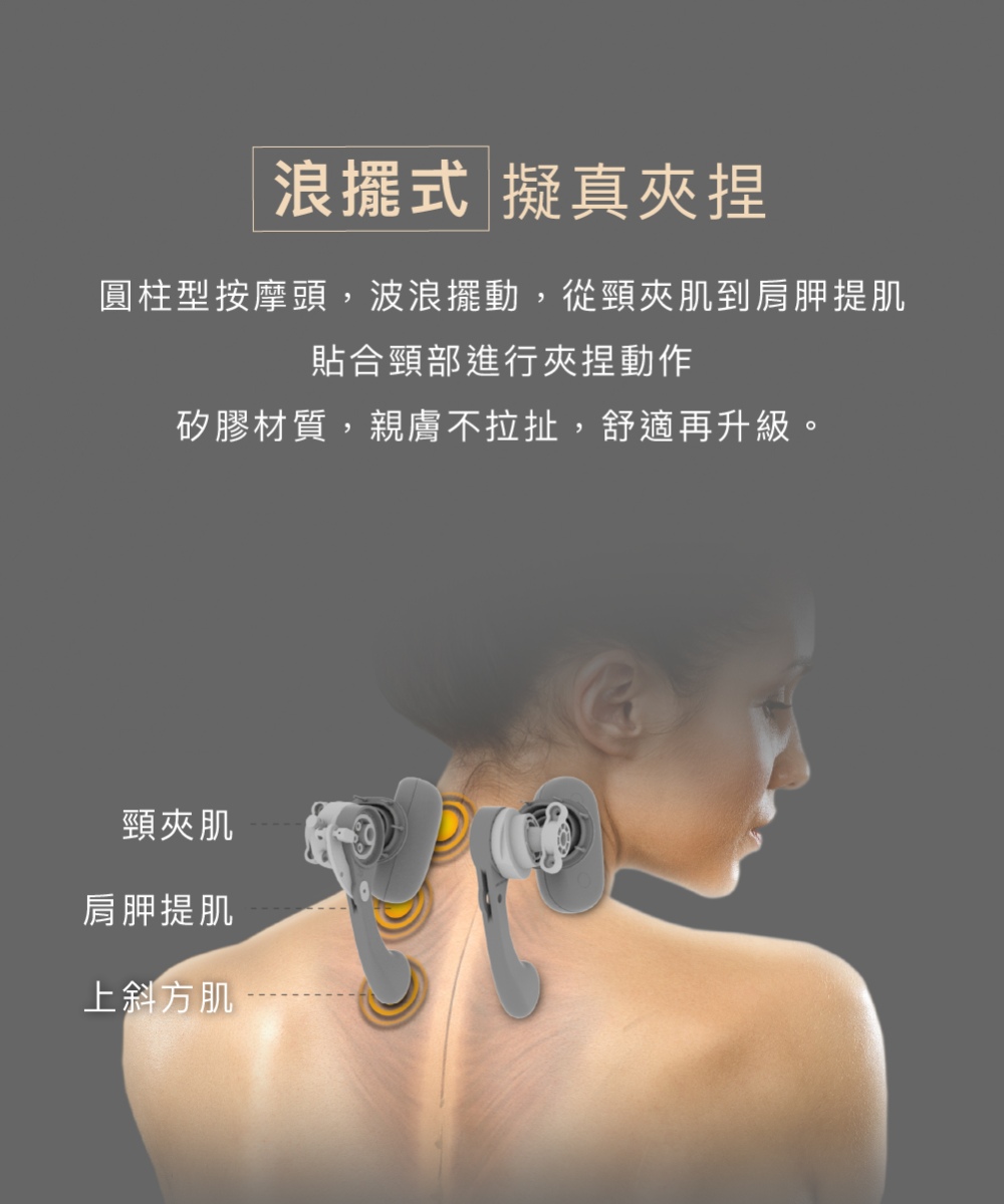 圓柱型按摩頭,波浪擺動,從頸夾肌到肩胛提肌