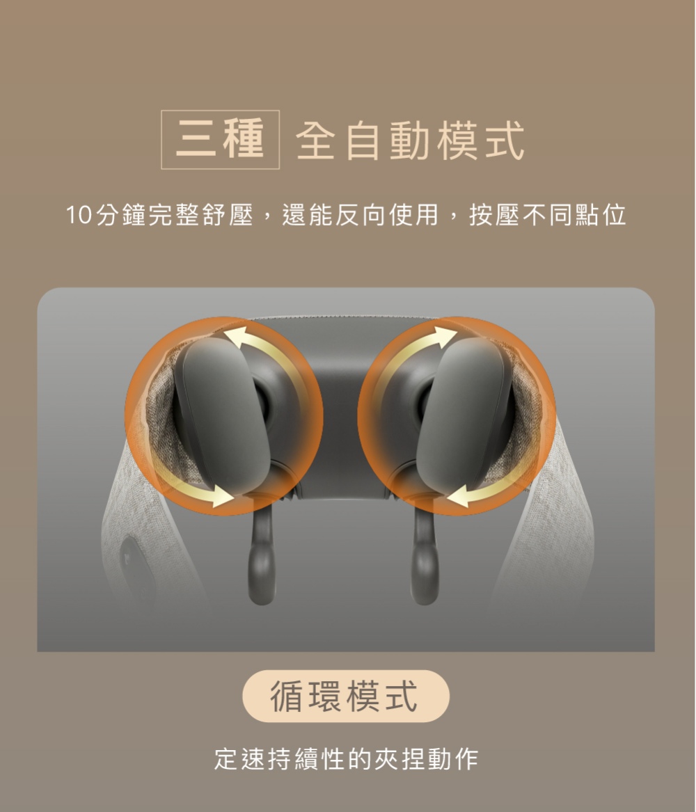 三種 全自動模式 10分鐘完整舒壓,還能反向使用,按壓不同點位 循環模式 定速持續性的夾捏動作 