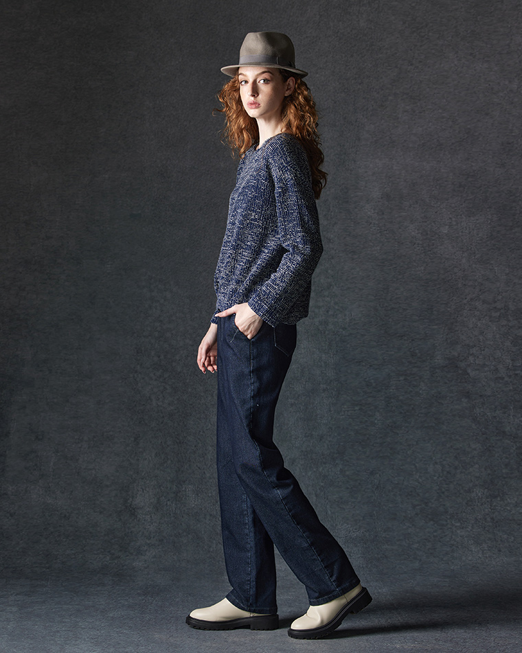 FREE 純棉緹花V領抓摺長袖上衣(深藍) 推薦