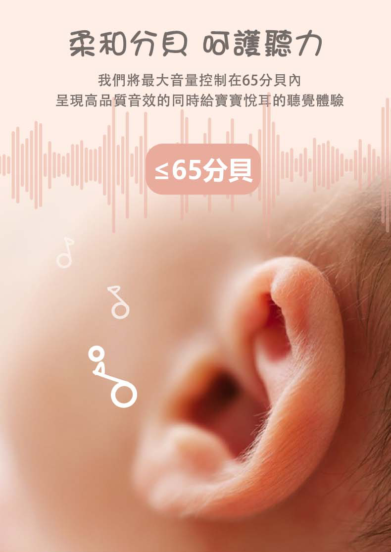 柔和分貝 呵護聽力 我們將最大音量控制在65分貝內 呈現高品質音效的同時給寶寶悅耳的聽覺體驗 65分貝 