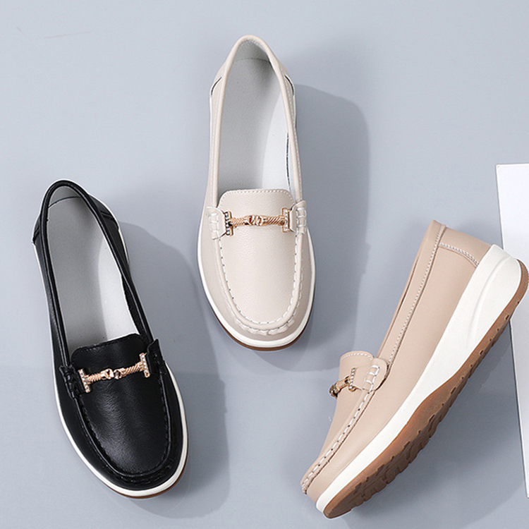 Taroko 英倫金屬一字坡跟防滑圓頭真牛皮豆豆鞋(3色可選