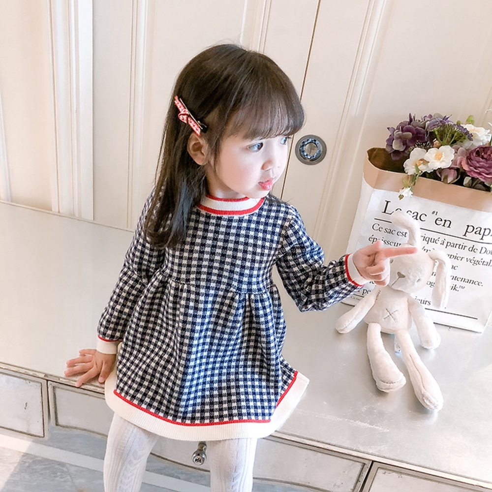 橘魔法 經典格子針織連衣裙(長版上衣 長袖洋裝 長袖 毛衣 