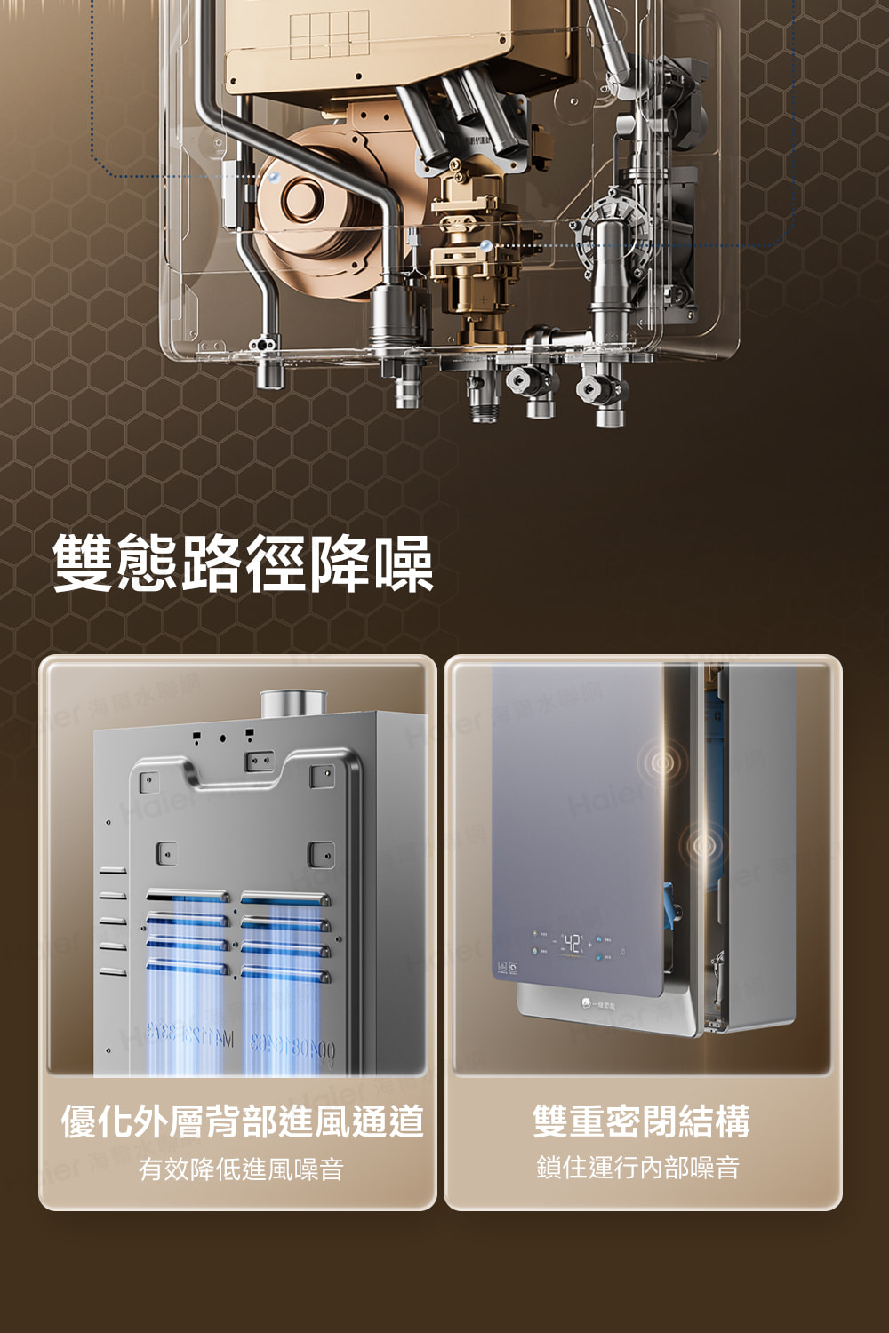 雙態路徑降噪 優化外層背部進風通道 有效降低進風噪音 雙重密閉結構 鎖住運行內部噪音 