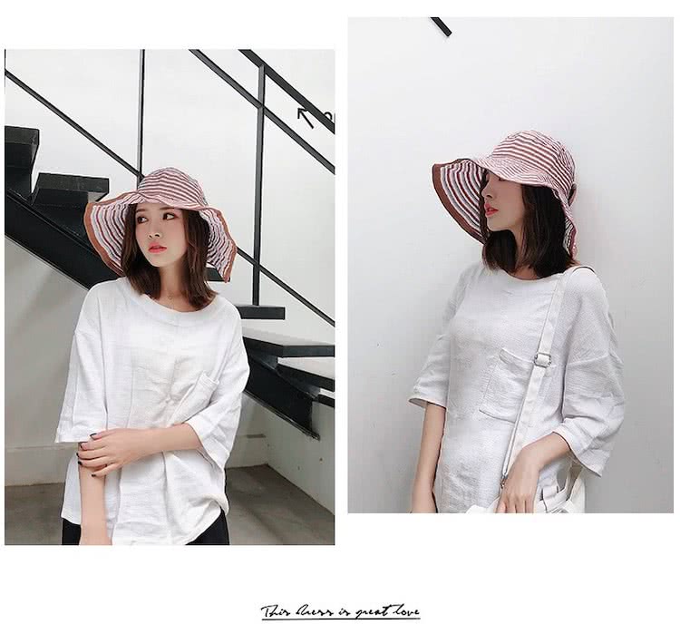 89 zone 法式休閒百搭條紋海邊 沙灘帽 空頂帽 漁夫帽