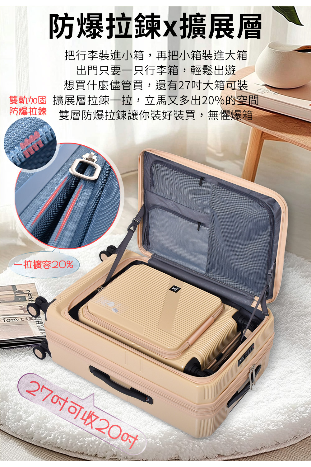 雙軌加固 擴展層拉鍊一拉,立馬又多出20%的空間