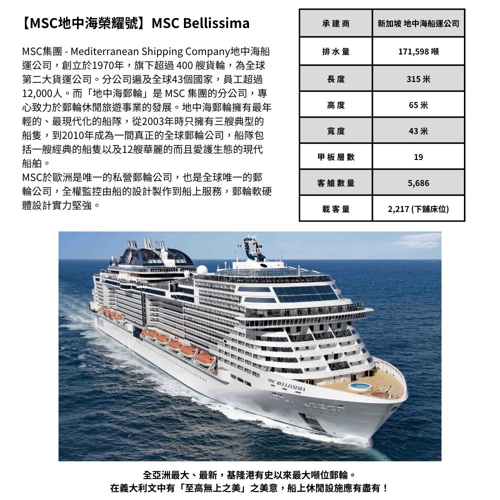 MSC地中海郵輪榮耀號 東京－基隆４天３夜★內艙單人券★東京
