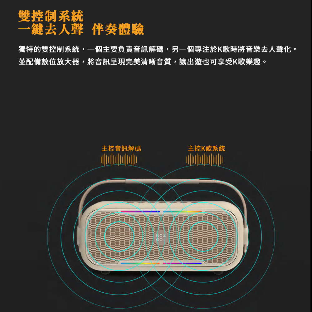 獨特的雙控制系統,一個主要負責音訊解碼,另一個專注於K歌時將音樂去人聲化。