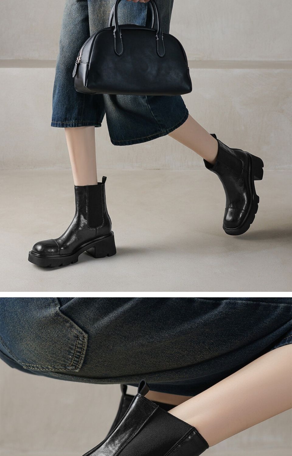 WYPEX 現貨 方頭個性真皮短靴女靴女鞋 粗跟增高厚底切爾