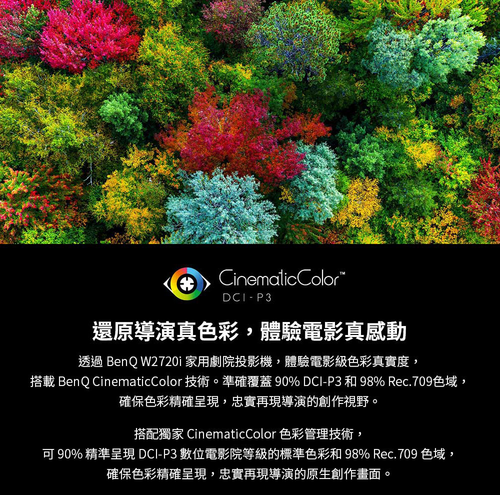 搭載 BenQ CinematicColor 技術。準確覆蓋 90% DCIP3 和 98% Rec.709色域,