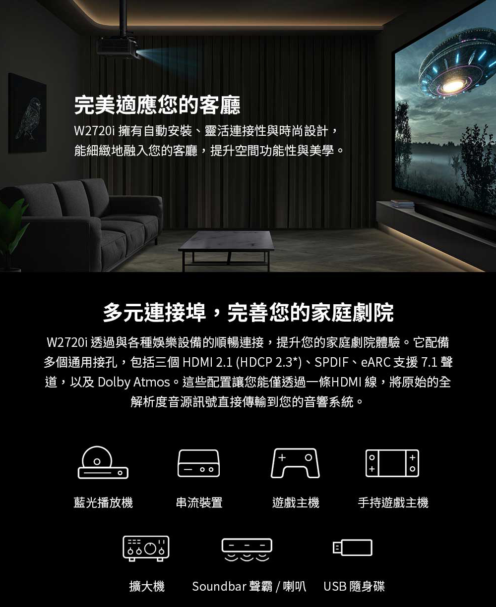 多個通用接孔,包括三個 HDMI 2.1 HDCP 2.3、SPDIF、eARC 支援7.1聲