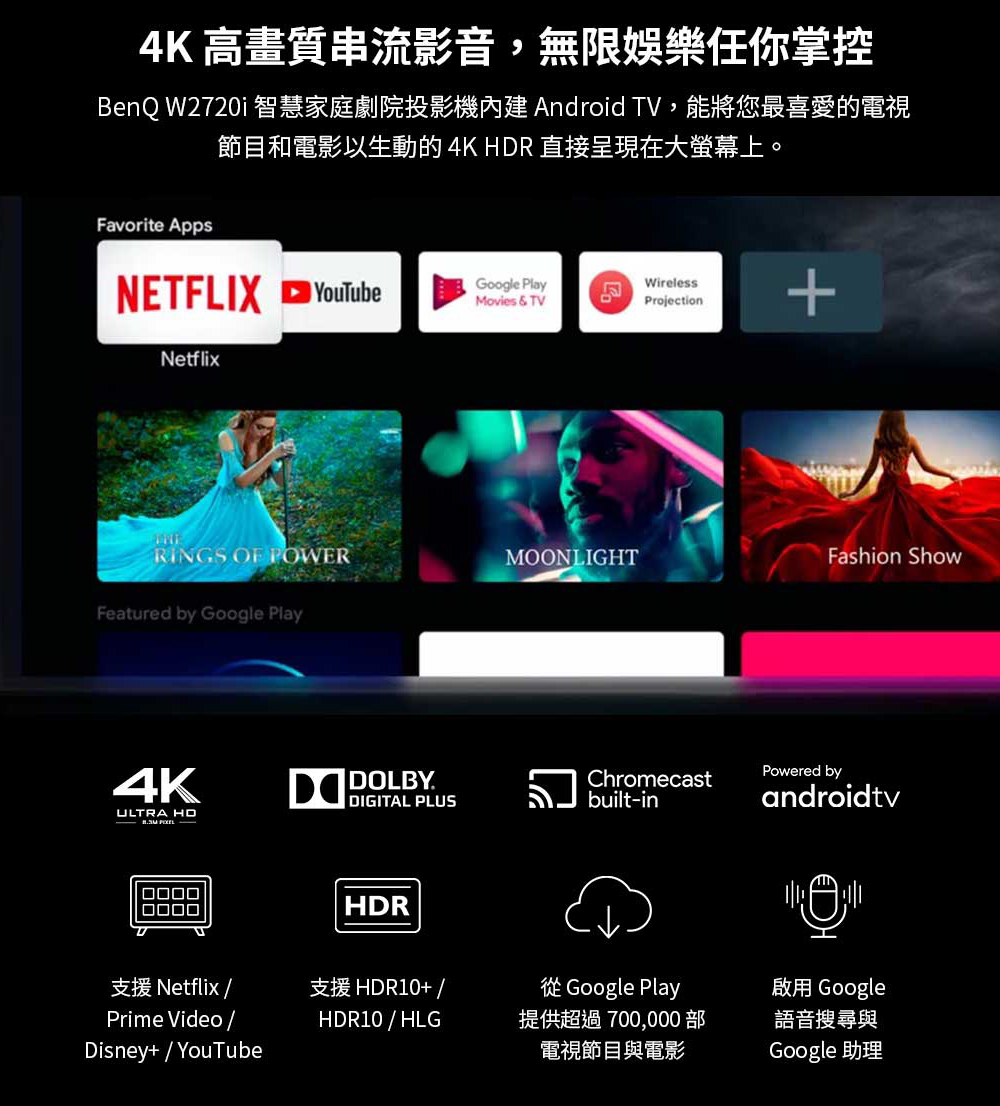 BenQ W2720i 智慧家庭劇院投影機內建 Android TV,能將您最喜愛的電視
