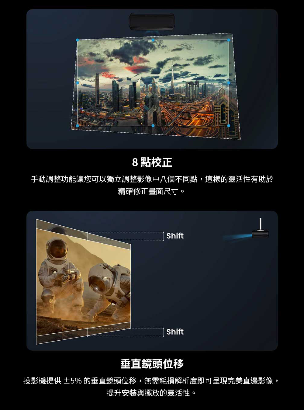 投影機提供5% 的垂直鏡頭位移,無需耗損解析度即可呈現完美直邊影像,