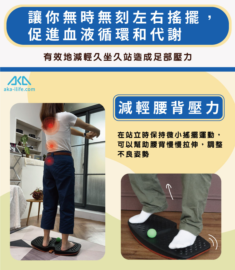讓你無時無刻左右搖擺促進血液循環和代謝aka-ilife.com有效地減輕久坐久站造成足部壓力減輕腰背壓力在站立時保持微小搖擺運動,可以幫助腰背慢慢拉伸,調整不良姿勢