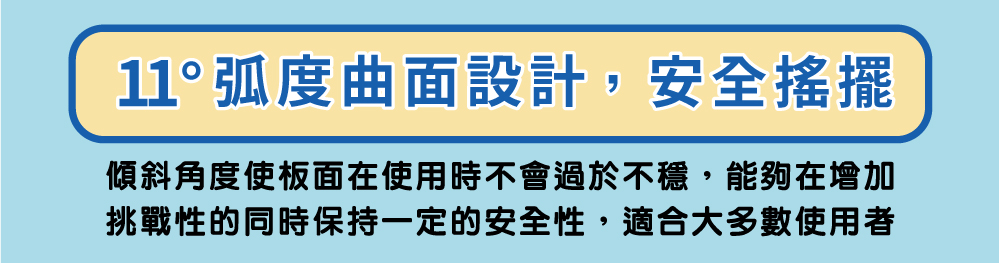 11° 弧度曲面設計,安全搖擺傾斜角度使板面在使用時不會過於不穩,能夠在增加挑戰性的同時保持一定的安全性,適合大多數使用者