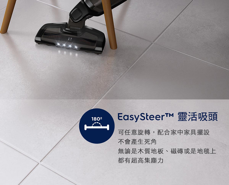 EasySteert 靈活吸頭 可任意旋轉,配合家中家具擺設 不會產生死角 無論是木質地板、磁磚或是地毯上 都有超高集塵力