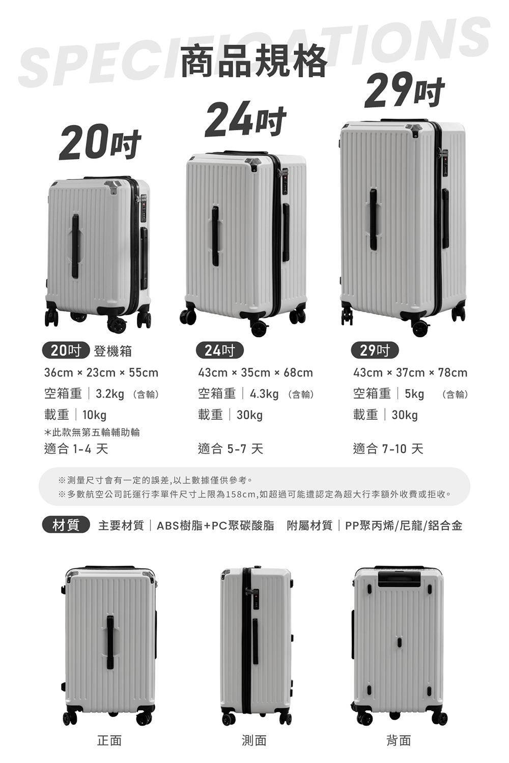 多數航空公司託運行李單件尺寸上限為158cm,如超過可能遭認定為超大行李額外收費或拒收。