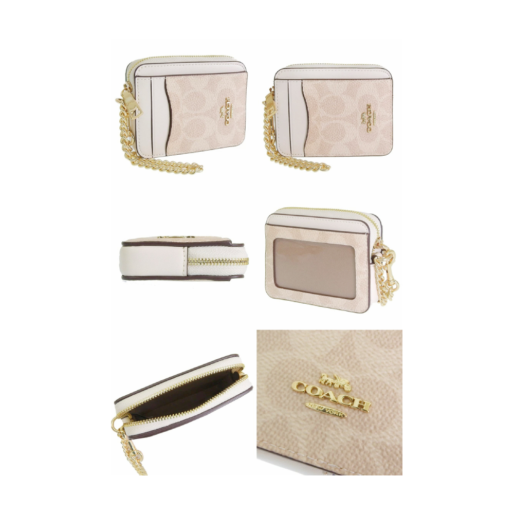 COACH 白X卡其馬車CLOGO鍊條皮革卡夾零錢包(CW8