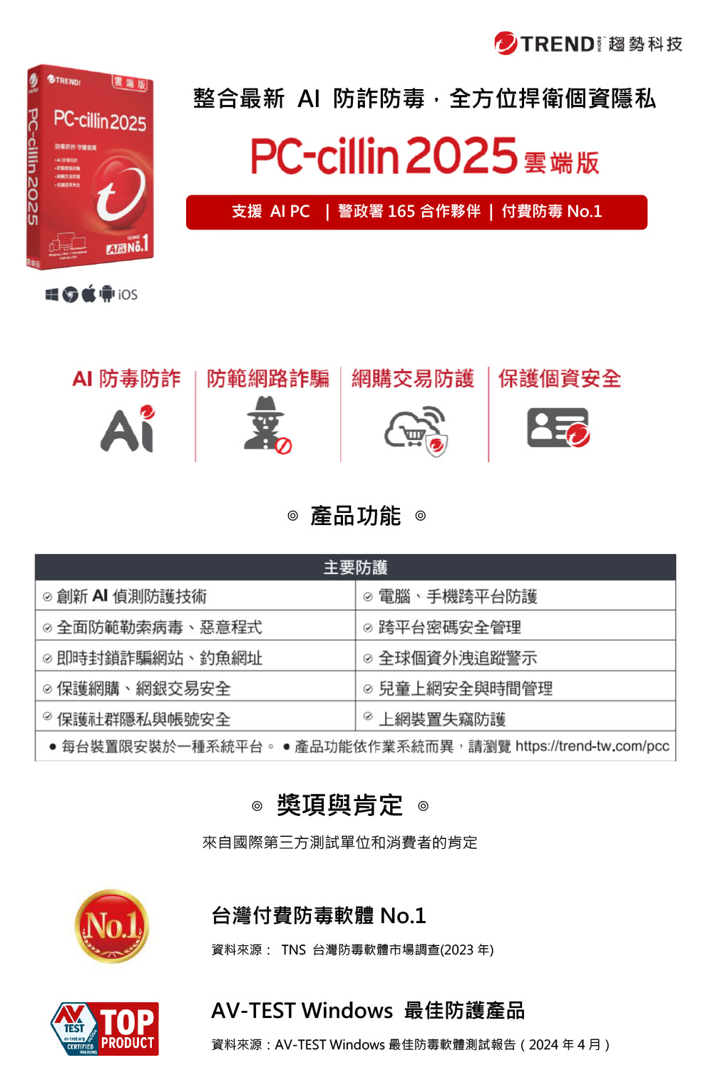 PC-cillin 下載版◆AI防詐特偵組 2年3台防護版評