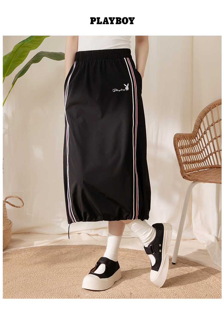 PLAYBOY 織帶抽繩下擺工裝裙(黑色)優惠推薦