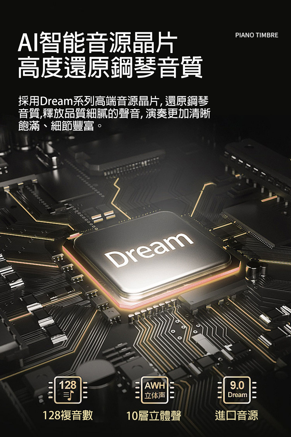 採用Dream系列高端音源晶片,還原鋼琴