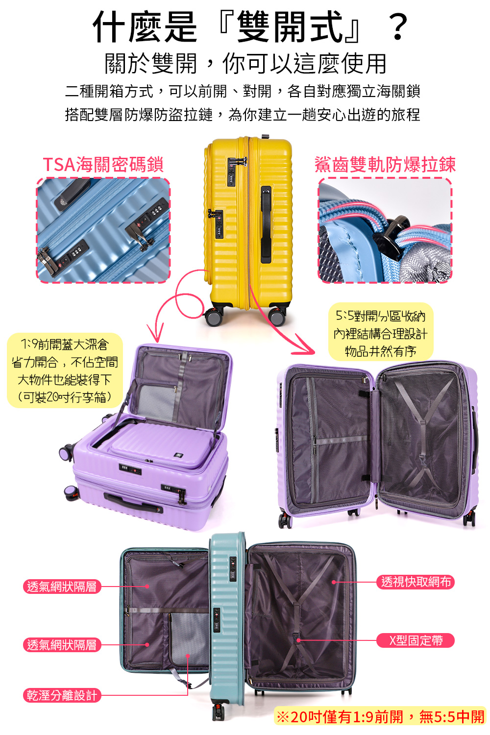 二種開箱方式,可以前開、對開,各自對應獨立海關鎖