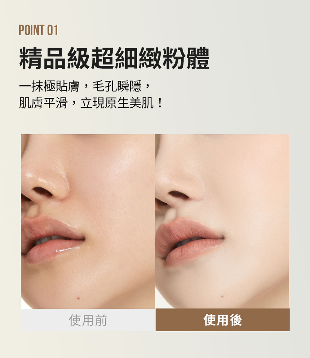 精品級超細緻粉體 一抹極貼膚,毛孔瞬隱, 肌膚平滑,立現原生美肌 使用前 使用後 