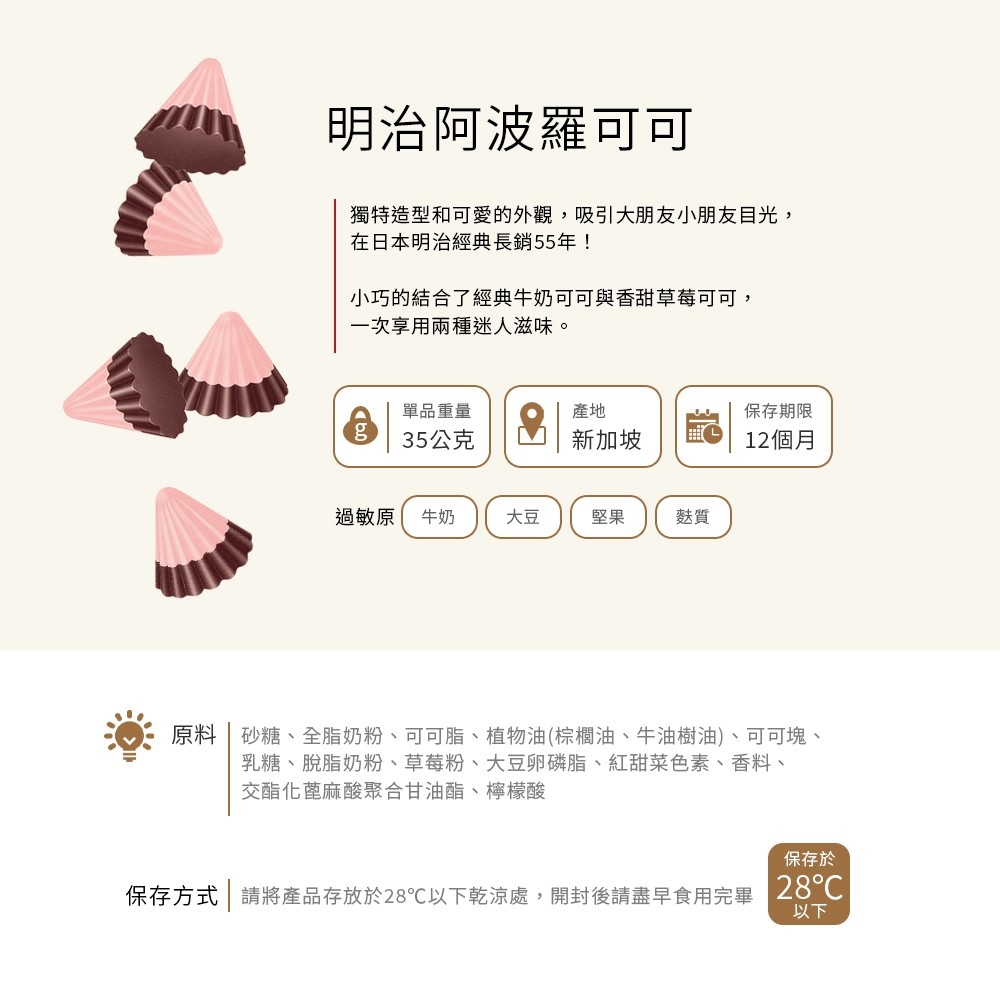 原料 砂糖、全脂奶粉、可可脂、植物油棕櫚油、牛油樹油、可可塊、