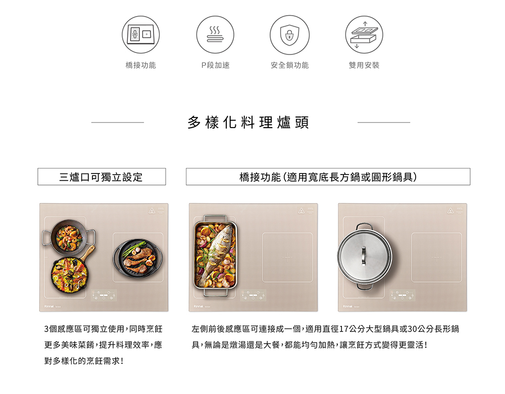 左側前後感應區可連接成一個,適用直徑17公分大型鍋具或30公分長形鍋