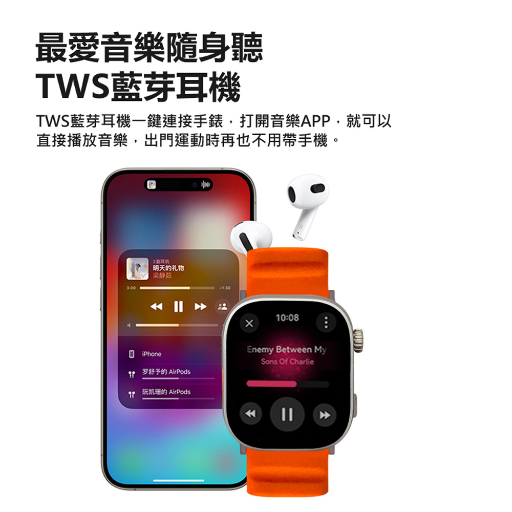 TWS藍芽耳機一鍵連接手錶,打開音樂APP,就可以