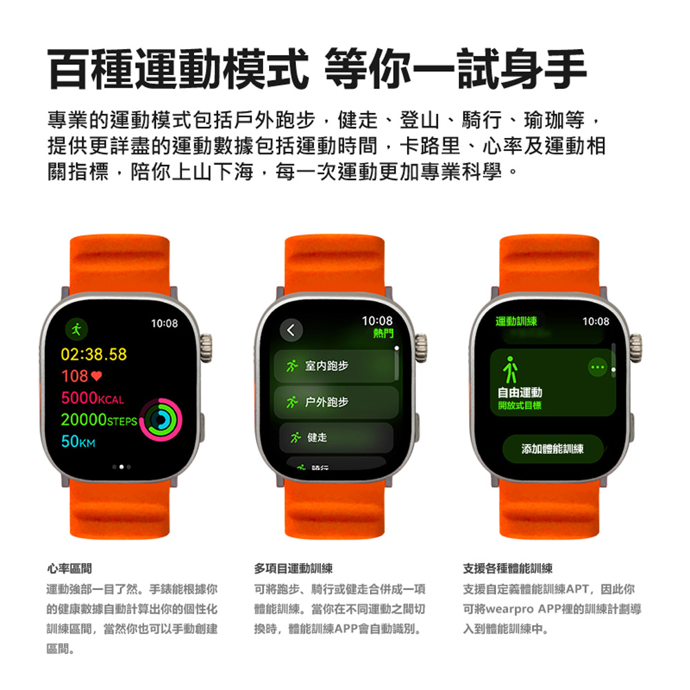 專業的運動模式包括戶外跑步,健走、登山、騎行、瑜珈等,