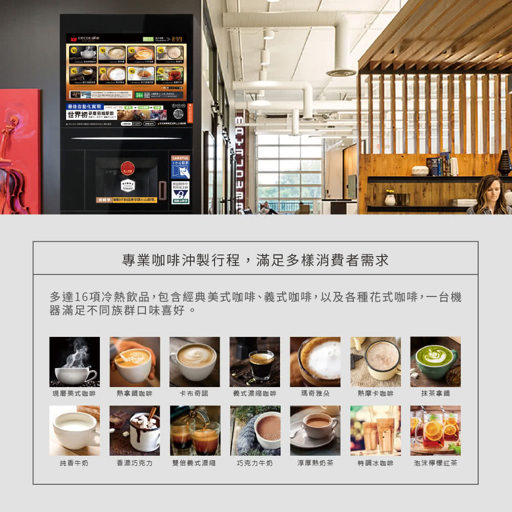 多達16項冷熱飲品,包含經典美式咖啡、義式咖啡,以及各種花式咖啡,一台機