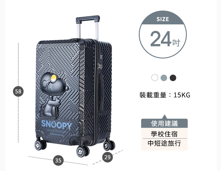 24吋 裝載重量15KG 使用建議 學校住宿 中短途旅行 