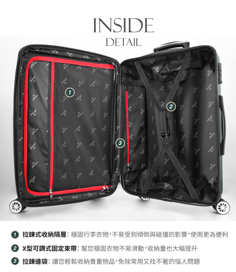 拉鍊式收納隔層穩固行李衣物,不易受到傾倒與碰撞的影響,使用更為便利 X型可調式固定束帶幫您穩固不易滑動,收納量也大幅提升 3 拉鍊邊袋讓您輕鬆收納貴重物品,免除常用又找不著的惱人問題 