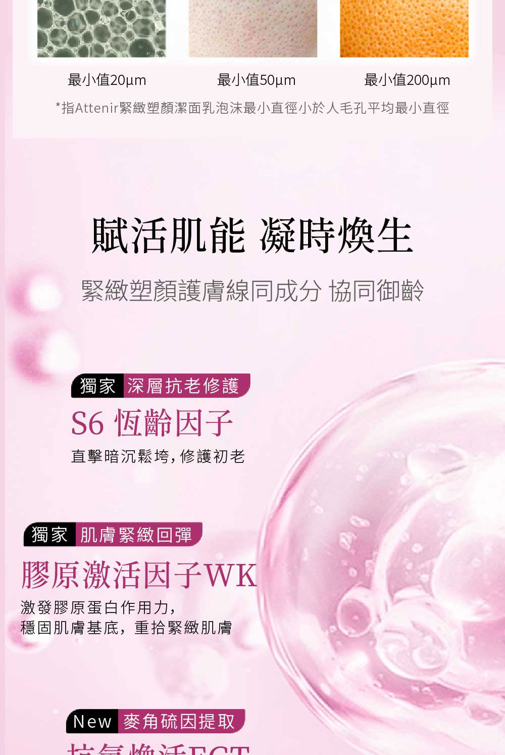 指Attenir緊緻塑顏潔面乳泡沫最小直徑小於人毛孔平均最小直徑
