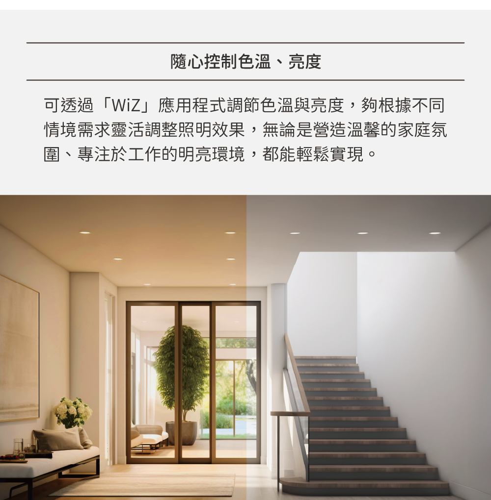 隨心控制色溫、亮度 可透過WiZ應用程式調節色溫與亮度,夠根據不同 情境需求靈活調整照明效果,無論是營造溫馨的家庭氛 圍、專注於工作的明亮環境,都能輕鬆實現。 