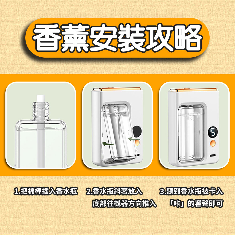 香薰安裝攻略 1.把棉棒插入香水瓶 2.香水瓶斜著放入 3.聽到香水瓶被卡入 底部往機器方向推入 味的響聲即可 