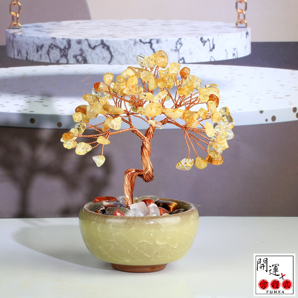 開運方程式】水晶招財樹水晶簇花一入陶瓷聚寶盆(黃水晶粉晶發財樹/財位