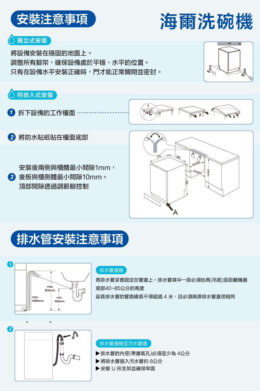 將排水管妥善固定在管道上。排水管其中一段必須抬高吊起至距離機器