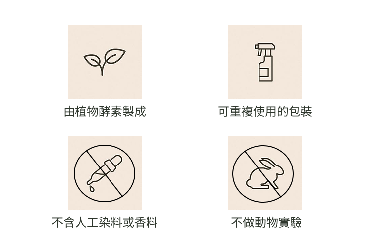 由植物酵素製成 可重複使用的包裝 不含人工染料或香料 不做動物實驗