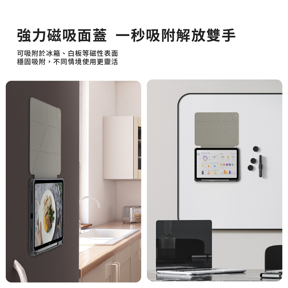 強力磁吸面蓋一秒吸附解放雙手 可吸附於冰箱、白板等磁性表面 穩固吸附,不同情境使用更靈活 