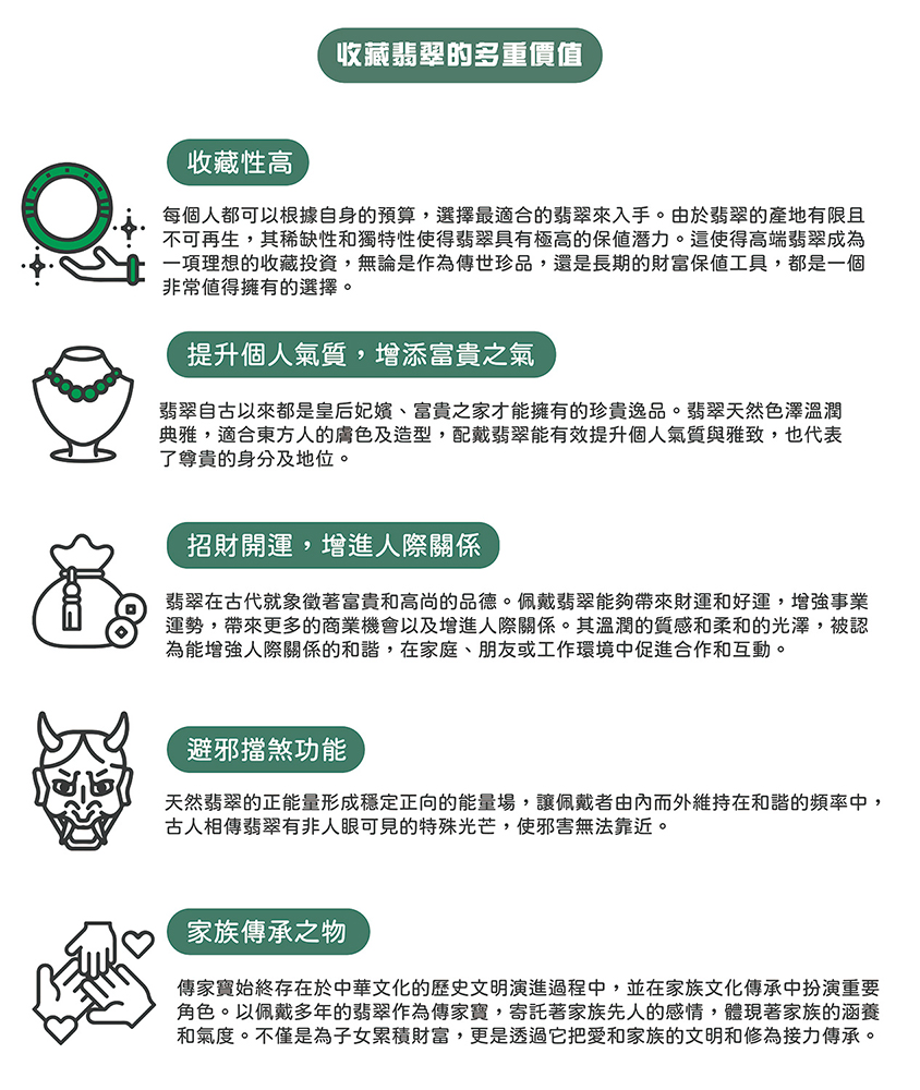 天然翡翠的正能量形成穩定正向的能量場,讓佩戴者由內而外維持在和諧的頻率中,