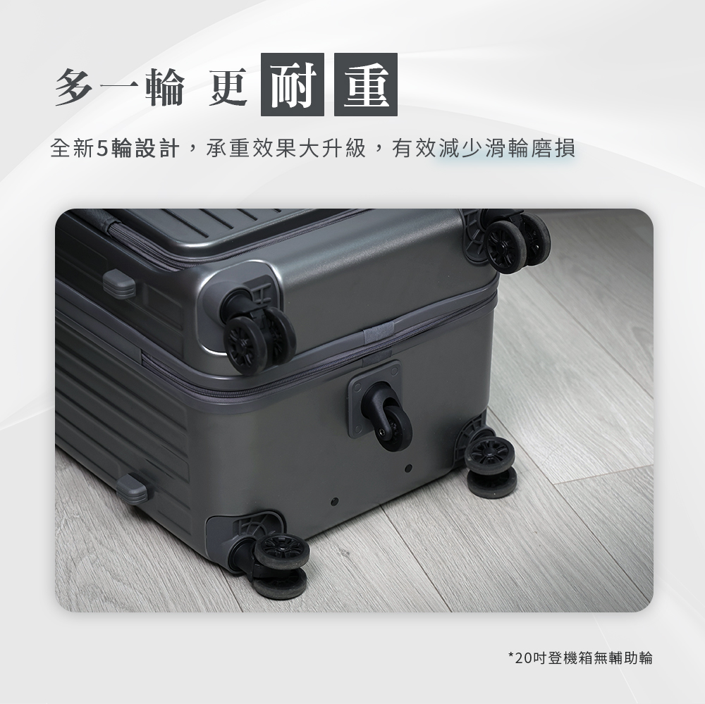多一輪 更耐重 全新5輪設計,承重效果大升級,有效減少滑輪磨損 20吋登機箱無輔助輪 