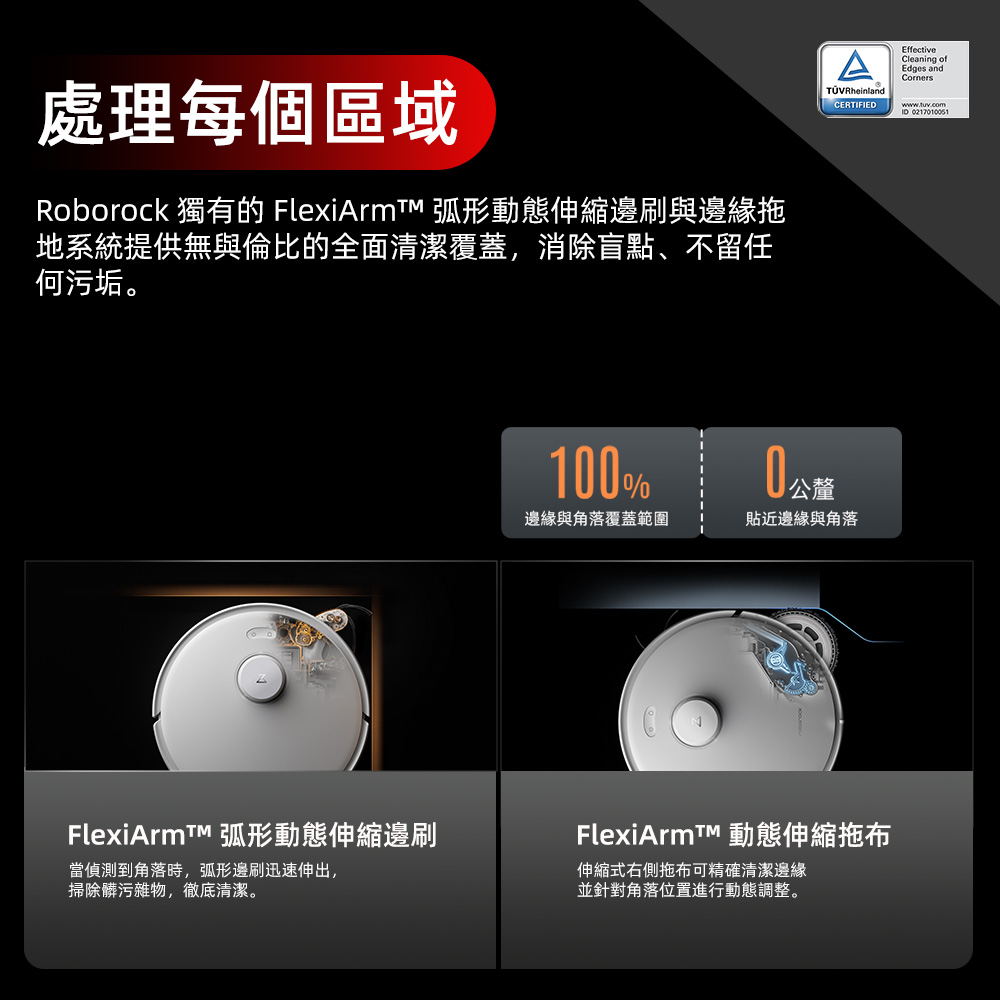 Roborock 獨有的 FlexiArmt 弧形動態伸縮邊刷與邊緣拖