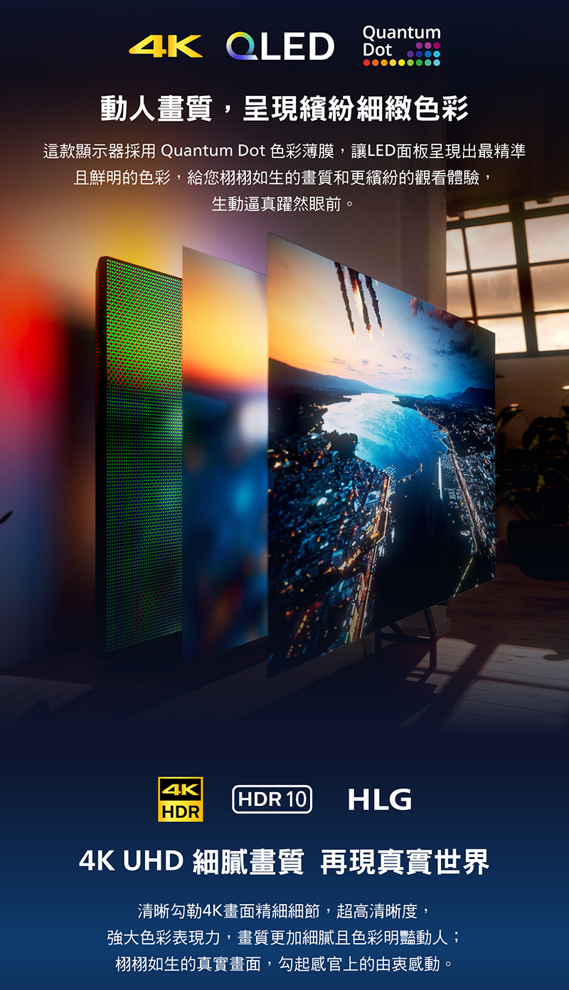 Quantum QLED 動人畫質,呈現繽紛細緻色彩這款顯示器採用 Quantum Dot 色彩薄膜,讓LED面板呈現出最精準且鮮明的色彩,給您栩栩如生的畫質和更繽紛的觀看體驗,生動逼真躍然眼前。4K HDR 10 HLGHDR4K UHD 細膩畫質 再現真實世界清晰勾勒4K畫面精細細節,超高清晰度,強大色彩表現力,畫質更加細膩且色彩明豔動人;栩栩如生的真實畫面,勾起感官上的由衷感動。
