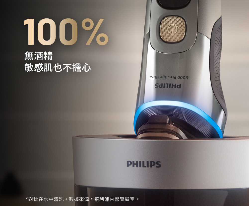 無酒精 敏感肌也不擔心 對比在水中清洗。數據來源飛利浦內部實驗室。 
