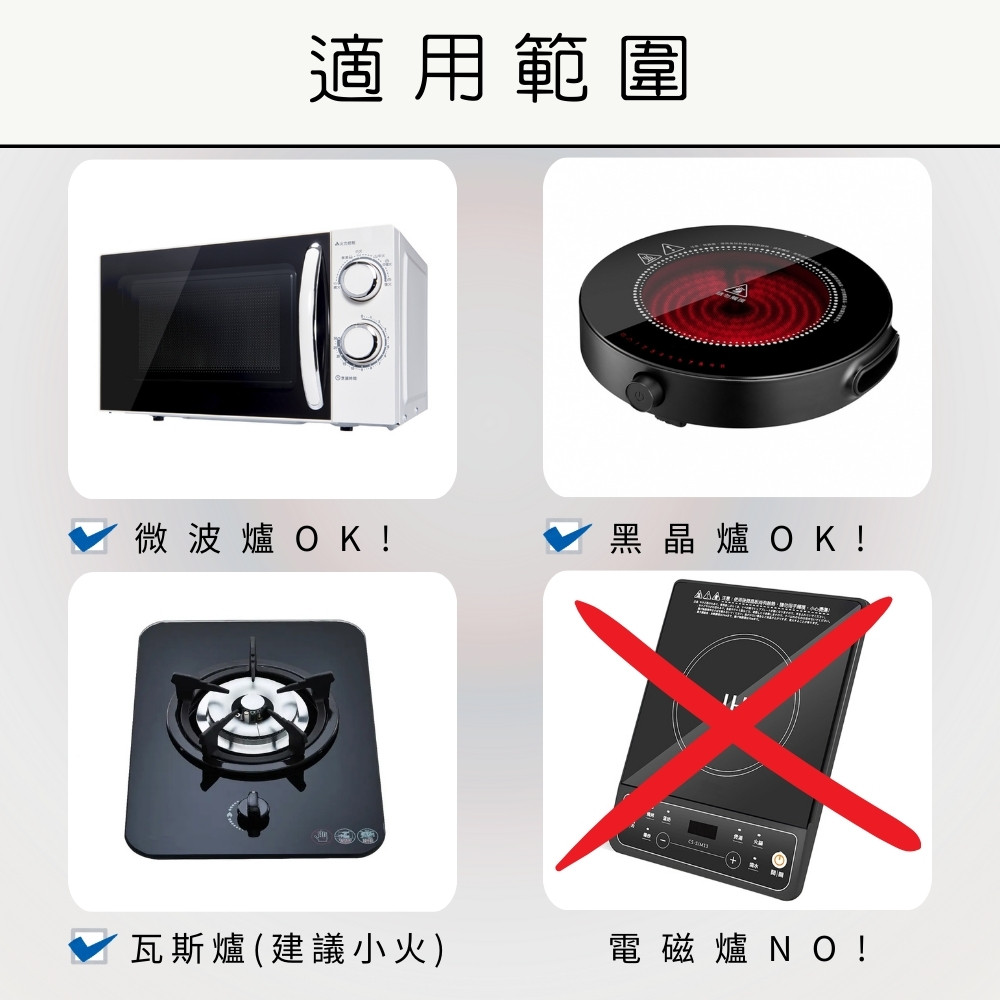 適用範圍 微波爐OK 黑晶爐 OK 瓦斯爐建議小火 電磁爐 NO 
