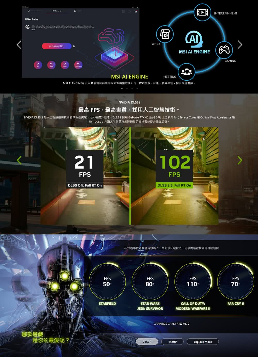 NVIDIA DLSS 3 是人工智慧繪圖技術的革命性突破,可大幅提升效能。 DLSS3 採用 GeForce RTX 40 系列 GPU上全新第四代 Tensor Cores 和 Optical Flow Accelerator 驅